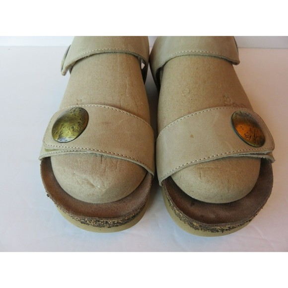 Taos Sandal Tan Nubuck Cork Sz 9-9.5/40 #5246 Flat Ankle 2 Strap Slingback - Picture 3 of 10
